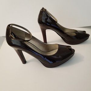 Nine West Brown Patent Leather Peep-Toe Ankle Strap Heels, Platforms size 10